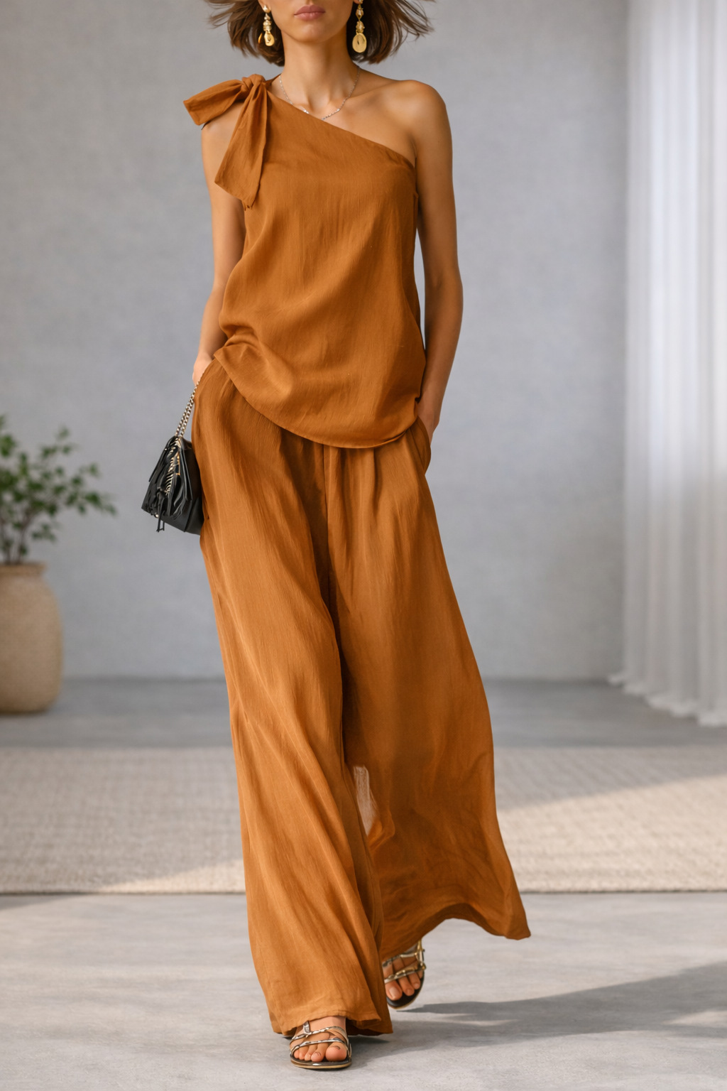 Gray Cotton And Linen Sleeveless One Shoulder Top With Tie Detail And Wide Leg Pants Set